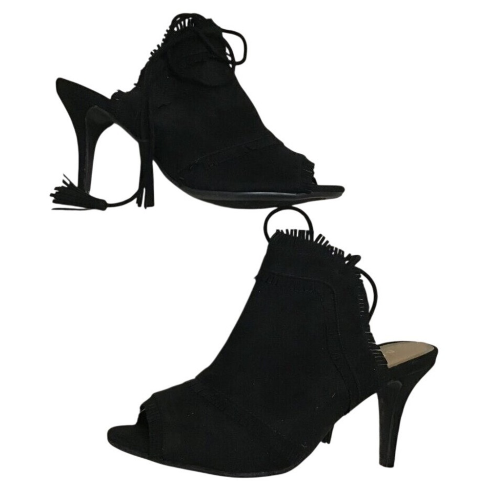 Bamboo Harleen-52S Black Faux Suede Peep Toe Tassel‎ Lace Up Mules Size 5.5